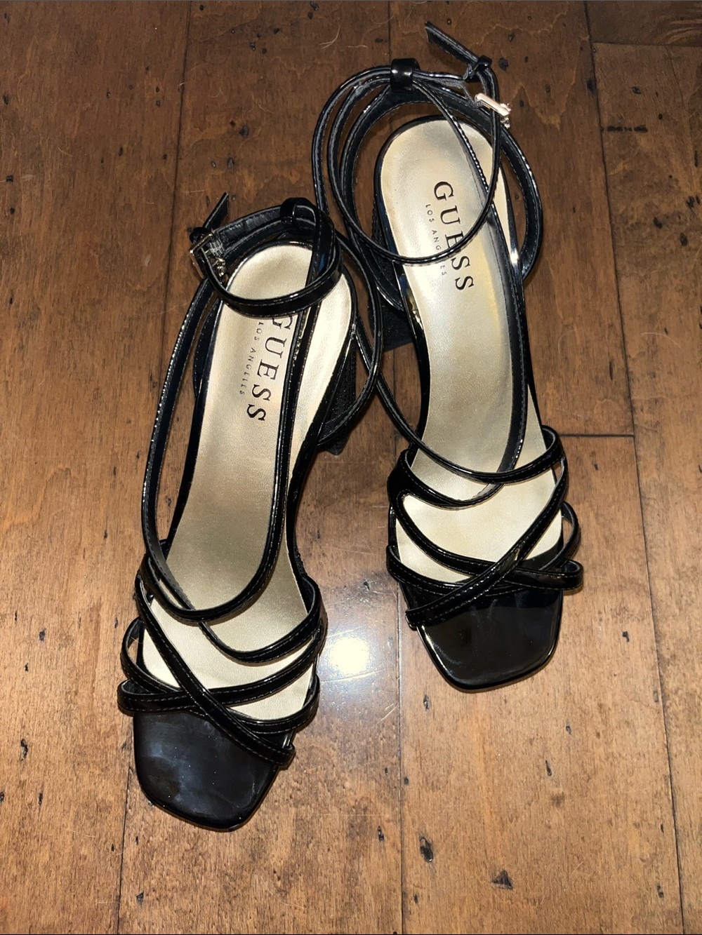 Guess Black Sparkly Strappy Ankle High Heel Sandals